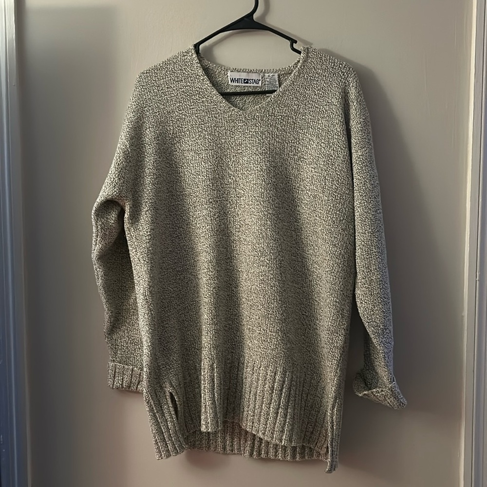 White Stag XL Grey Knit Sweaterter- medium weight with cuffed sleeves and V neck